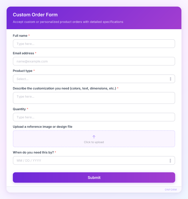 Custom Order Form preview