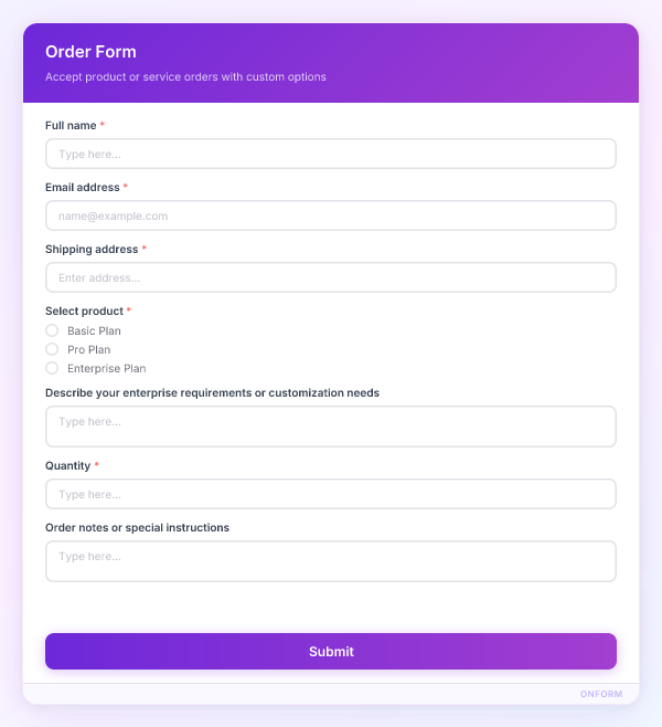 Order Form preview