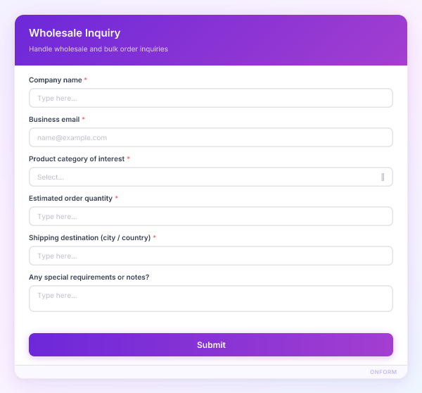 Wholesale Inquiry preview